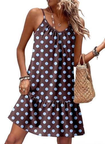 Dokotoo Holiday Dresses for Women 2026 Boho Floral Sexy V Neck Sleeveless Smocked Dress Ruffle A-Line Flowy Casual Mini Dress Loose Beach Outfits Brown Large