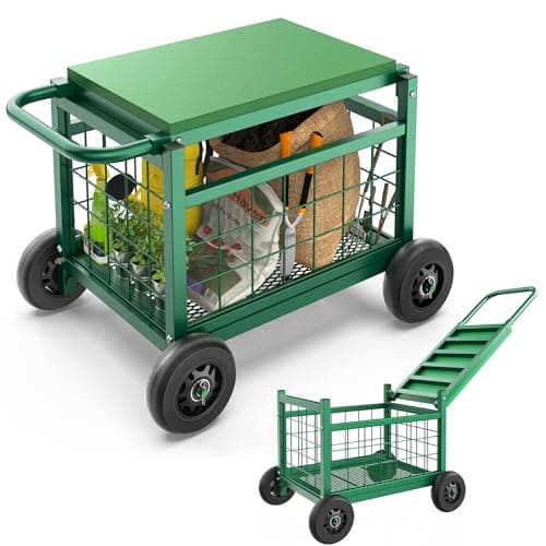 Garden Cart with Seat,3-in-1 Rolling Seat with Wheels for Seniors Gardening