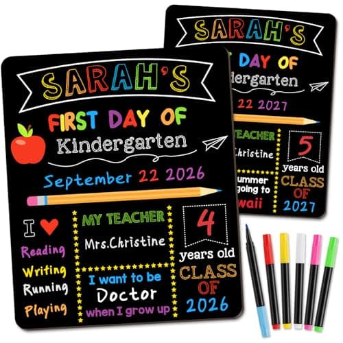 First & Last Day of School Signs with 6 Writing Pens, 10 x 12 Inch Double Sided Back to School Board, Reusable Wooden 1st Day of Preschool/Kindergarten Photo Props