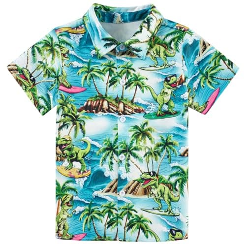 Enlifey Boys Hawaiian Shirt Size 7 8 Novelty Green Dinosaur Button Down Shirts Short Sleeve Palm Tree Aloha Tops Hawaii Dino Blouse for Party Beach School