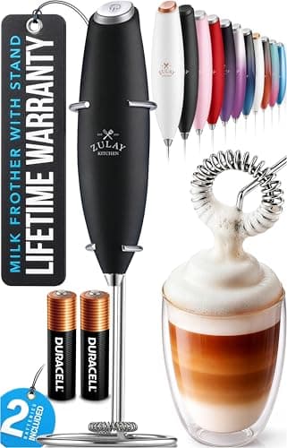 Zulay Kitchen Powerful Milk Frother Wand With Duracell Batteries - Ultra Fast Handheld Drink Mixer - Electric Whisk Foam Maker for Coffee, Lattes, Cappuccino & Matcha - Z1 Motor - Black