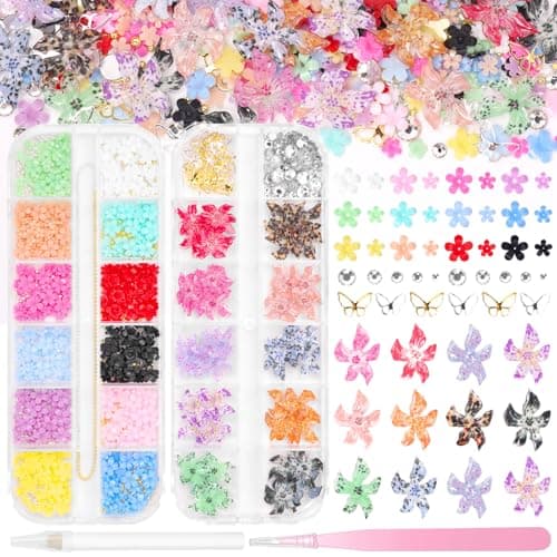 3D Hawaii Flowers Nails Charms Small Flower Nail Art Charm with Rhinestones Gold and Silver Butterfly Nail Charms Spring Summer Floral Gems for Acrylic Nails Supplies