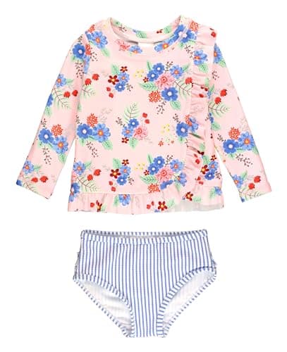 RuffleButts Coastal Breeze Floral Ruffle Detail Long Sleve Rash Guard 2-Piece - 3T