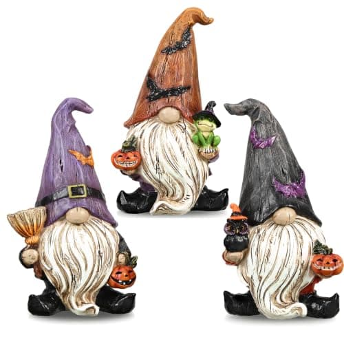 Valery Madelyn Gnomes Halloween Decorations Indoor, 3 Pcs Resin Gnome Decor for Home with Bat Witch Hat, Halloween Figurines Elf Dwarf with Broom Jack O Lantern for Table Tiered Tray Outdoor, 3.6"