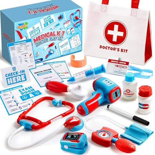 Play-Act Kids Doctor Kit, 16-Piece Medical Kit with Bag, Doctor Role Play Set with Realistic Toy Stethoscope, Reusable Record Cards, Dress Up Playset Birthday Gift for Toddlers Ages 3+