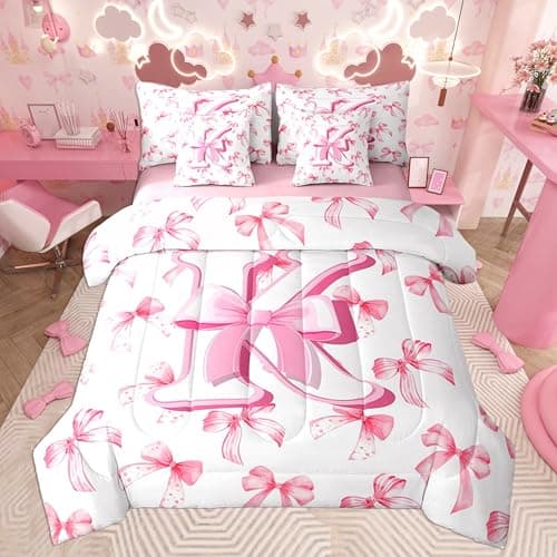 jejeloiu Kids Girls Cute Pink Bow Comforter Set with Sheets Twin Size Monogrammed 7 Piece Bedding Set Personalized Initial K Bed in a Bag with Comforter,Sheets,Pillowcases Coquette Bow Modern Fashion