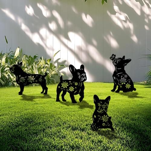 Yonisun 4 Pack Bulldog Metal Garden Decorative Stakes, Weather Proof Puppy Silhouette Statues for Yard, Patio,Outdoor Decor for Bulldog Lovers and Pet Owners
