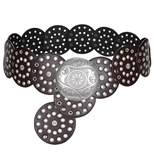 WERFORU Women Vintage Leather Belt Western Disc Waist Belts Ladies Western Belt Boho Belt for Dress Jean (57":Fit Waist Size Below 54",Coffee-Silver Buckle)