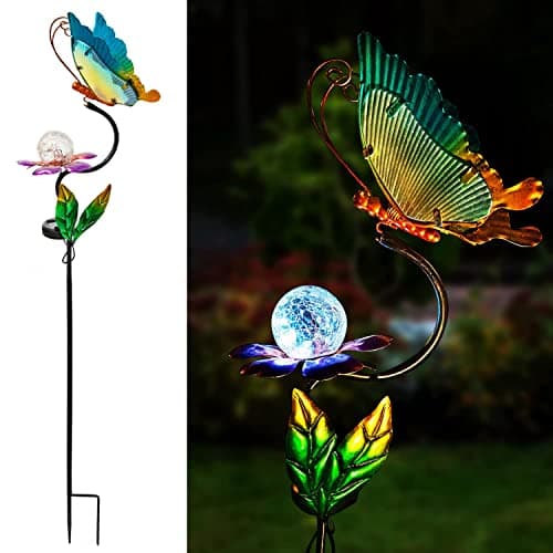 HONGLAND Solar Butterfly Garden Lights, Outdoor Lights Garden Decor for Outside, Flower Yard Decorations, Metal Yard Art for Patio Decor, Gifts for Mom