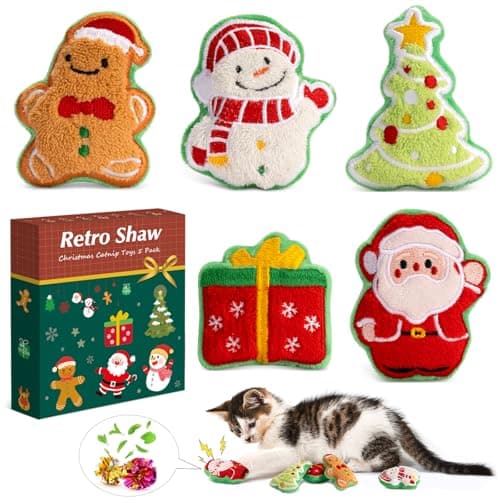 Retro Shaw Christmas Cat Toys, Xmas Catnip Toys for Indoor Cats Kitten Teeth Cleaning, Crinkly Interactive Cat Chew Nip Kitty Kicker Toy Santa Claus Trees Snowman, 5 Pack