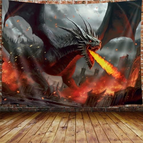 JAWO Fantasy World Tapestry Wall Hanging, Medieval Red Dragon and Human War Mythology Themed Art Tapestries Home Decoration Wall Decor 90X70 inch