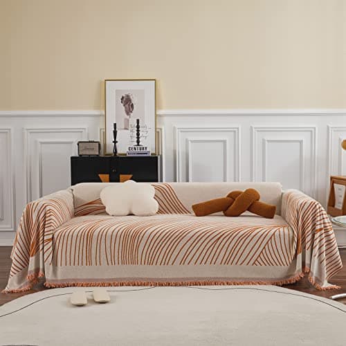 VClife Large Sofa Cover Chenille Couch Cover for 2 Cushion Couch Sofa, Modern Beige Caramel Striped Couch Covers for Kids Washable Sectional Sofa Protector with Tassel 71"X118"