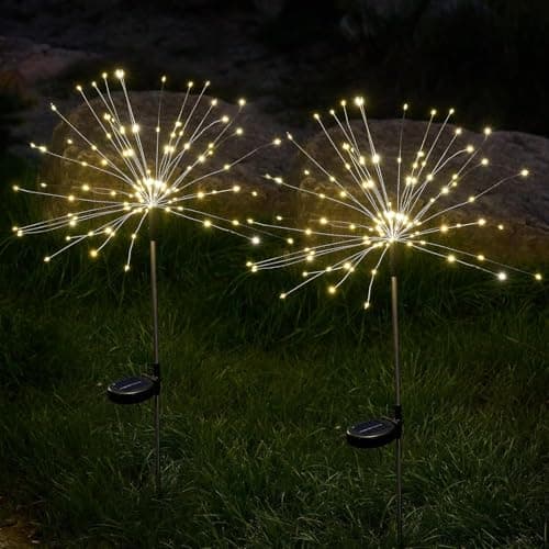 Solar Lights Outdoor, 2 Pack Solar Firework Lights Outdoor – 150 LED, 8 Modes, IP65 Waterproof Garden Pathway Decor | Warm White Solar Powered Stake for Yard, Patio, Easter & Holiday Decoration