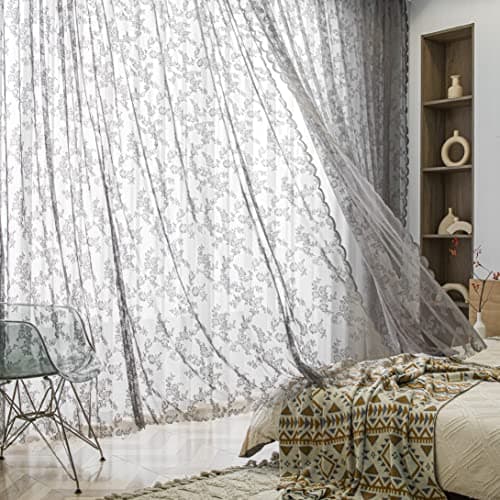Sutuo Home Lace Curtains 2 Panels Set, Gray Sheer 84 Inch Long Window Floral Vintage Voile Window Panel Treatment for Bedroom/Living Room/Kitchen, Decor Rod Pocket W57 x L84