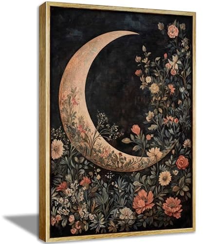 Framed Vintage Floral and Moon Wall Art Dark Academia Botanical Flower Picture Wall Decor Gothic Mystical Celestial Painting Canvas Prints Moody Crescent CottageCore Artwork for Living Room Bedroom