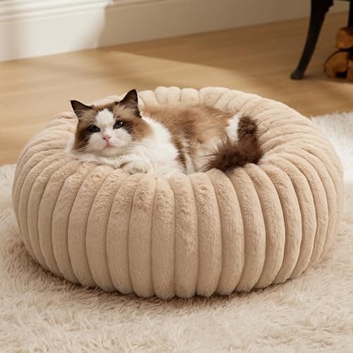 Bedsure ComfyFleece™ Cat beds for Indoor Cats - Donut Dog Beds for Small Dogs with Corduroy Fleece & Anti Slip Bottom, Faux Fur Pet Beds with Washable Removable Cover, Sandy Beige, 20x20x6 inches