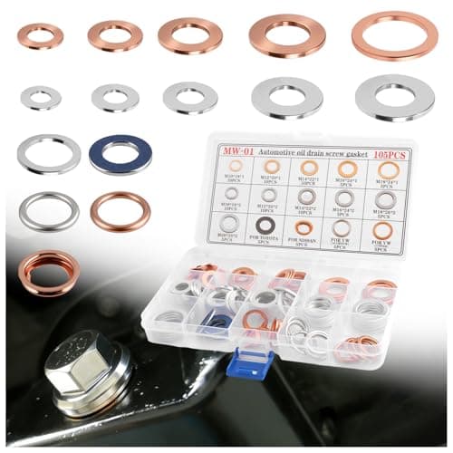 105PCS Oil Drain Plug Gasket Including M10 M12 M14 M16 M18 M20,Various Oil Plug Crush Washer with Box Organization,Oils Drain Plugs Washer Compatible with Toyota,Nissan,VW