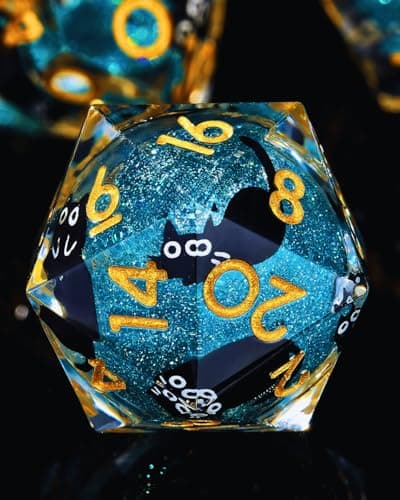 Froggod Single Liquid Core Cat D20 Dice – 22mm Sharp Edge Role Playing Dice for DND, RPG, Tabletop Games – 20 Sided Resin D&D Dice, Cathead Engraving(Blue)