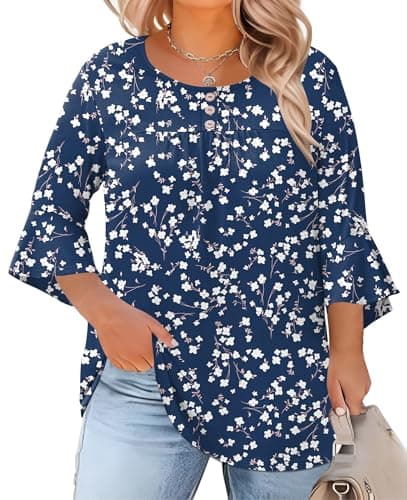 Rapbin Plus Size Summer Outfits for Women 3/4 Length Sleeve Tops Crew Neck Button Blouses Tunic (Deep Blue Flower, XL)