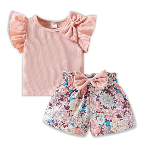 Azmxynol Toddler Baby Girls Clothes Cute Cap Sleeve T-Shirt + Floral Printed 2pcs Summer Shorts Set For Girls(3-4T)