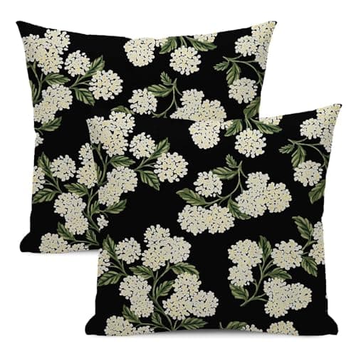 Jecuwo Spring Hydrangea Flowers Pillow Covers 18x18 Inch Set of 2, Black Retro Floral Pattern Outdoor Decorative Throw Pillowcase Nature Floral Cushion Cover for Sofa Couch Living Room Bed Decor