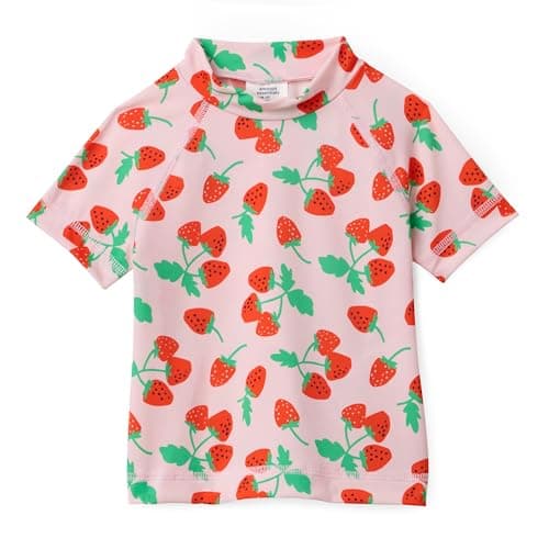 Amazon Essentials Girls' Short Sleeve Rashguard T-Shirt, Pink Tomato Red Strawberries, Small