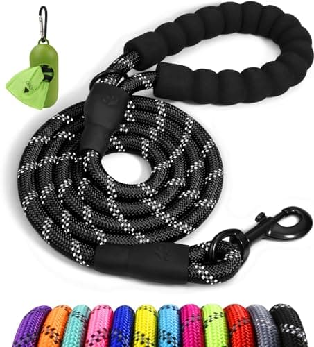 Taglory Rope Dog Leash 6 FT with Comfortable Padded Handle, Highly Reflective Threads Leash and Anti-Tangle Clip for Walking Medium Large Dogs, 1/2 inch, Black