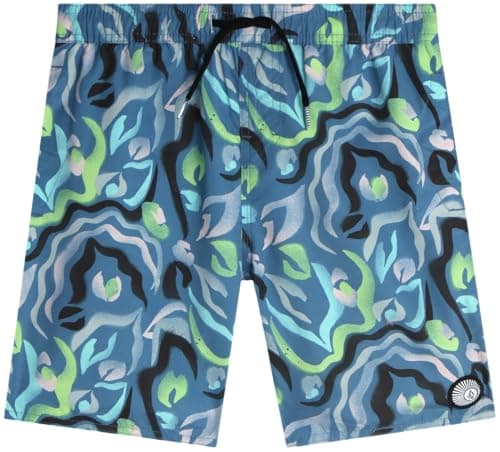 Volcom Boys Swim Trunks - UPF 50+ Quick Dry Board Shorts with Drawstring Waist - Bathing Suit Swimsuit for Boys (Size: 8-16), Size 5, Blue Printed