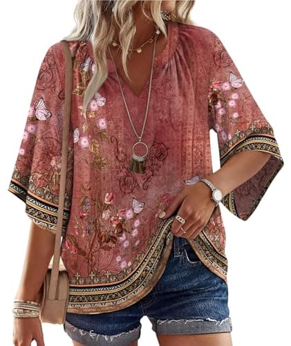 WIHOLL Boho Tops for Women Spring Blouse Flowy Cute Floral Bell Sleeve Shirts Beach Vacation Cruise Valentines Day Summer Casual Dressy Tunic Apricot Flower Red L