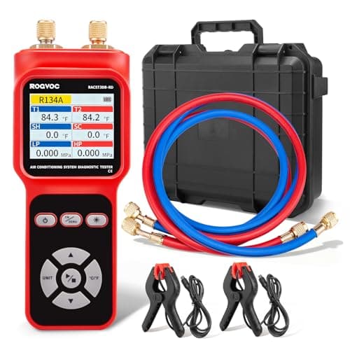 ROGVOC 2-Port Digital Manifold Tester Gauge for HVAC, AC Diagnostic Equipment with 2 Thermometer Clamps and 2 Hoses for Air Conditioner Performance Testing