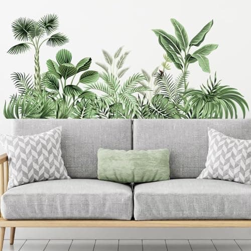 Green Plants Wall Decals Decor: Tropical Palm Leaves Bird Wall Art Sticker Murals Peel and Stick for Bedroom Living Room Sofa TV Background