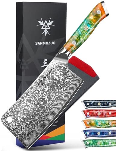 SANMUZUO Chopping Knife - 7 inch Cleaver Knife- Xuan Series - VG10 Damascus Steel Kitchen Knife - Resin Handle (Fantasy Orange)