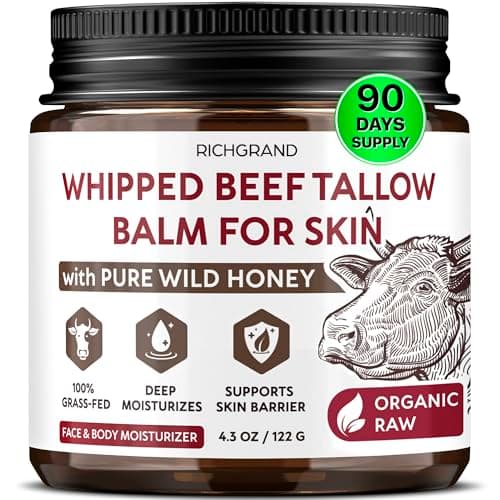 RICHGRAND Beef Tallow for Skin - Whipped Tallow and Honey Balm - Grass Fed Beef Tallow for Face, Daily Moisturizer & Body Butter - Natural Non Comedogenic Skincare (4.3 oz)