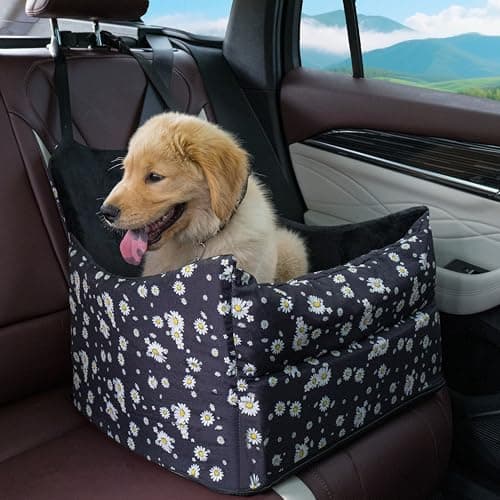 Cullaby Dog Car Seat for Small/Medium Dogs – Elevated Booster Seat with Detachable, Washable Cover, Safety Belts, and Storage Pockets Car Back Seat (Black Daisy, 15.75 * 17.72 * 9.84")