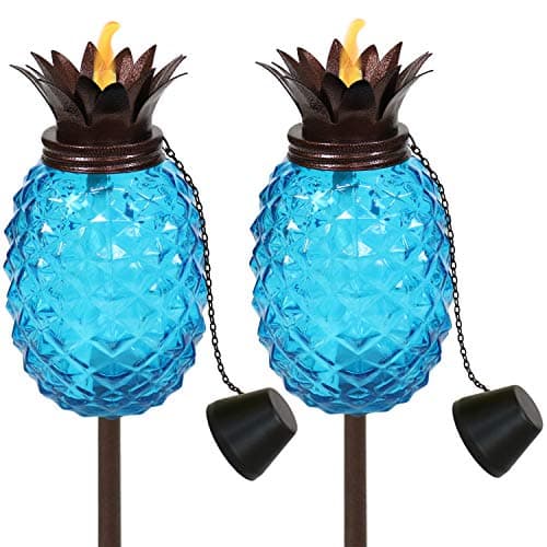 Sunnydaze Tropical Pineapple Glass Patio Torches Set of 2 - 23 to 63-Inch Outdoor Lawn Torch, Garden, Deck & Backyard - Blue