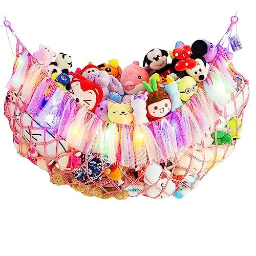 Jumbo Toy Hammock for Stuffed Animal Net Boho Macrame Toy Hammock with Led Light Stuffed Animal Storage Ideas Plush Toy Display Squishmallow Holder Net-Pink