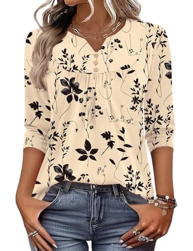LOMON Blouses for Women Dressy Casual 3/4 Length Sleeve Womens Tops V Neck Button Work Shirts Loose Fit Spring Summer Tunics (Apricot Black Floral,XXL)