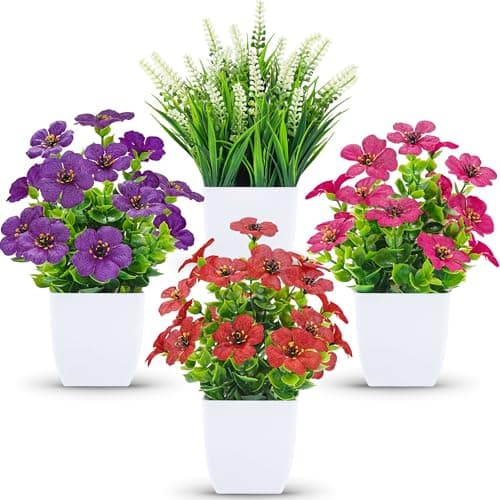 Der Rose Fake Plants 4 Pack Small Artificial Flowers in White Pots for Desk Bathroom Shelf Bedroom Office Tabletop Spring Home Decor
