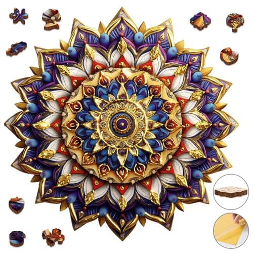 Delobil Geometric Mandala Wooden Puzzles for Adults, 200 Pieces (11.4 x 11.3 Inches) 5mm Thick Extra Sturdy with Unique Animal & Plant Shaped Irregular Pieces, Wooden Box Gift for Adults