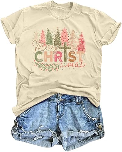 Christmas Shirt for Women Christian Christmas T Shirts Christmas Trees Graphic Tees Casual Holiday Tops