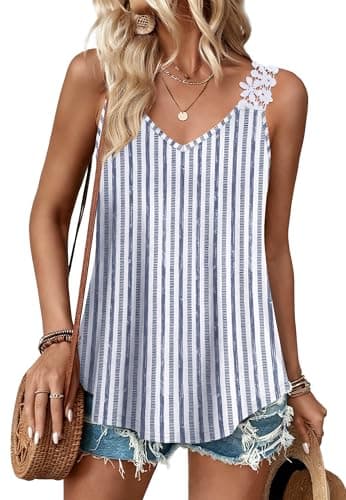 Summer Tops for Women Camisole Lace Tank Tops Loose Fit Sleeveless Shirts Summer Clothes Fashion Clothing Work Blouses Grey Stripe M