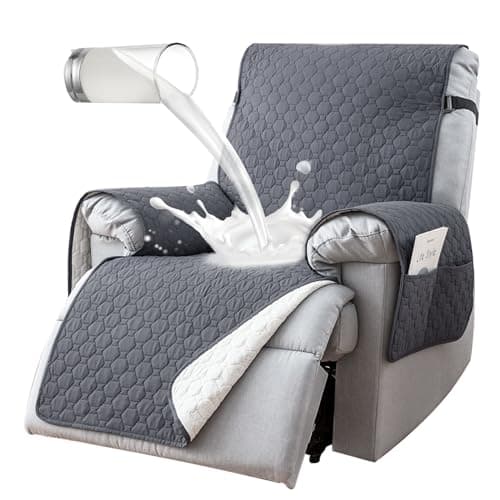 100% Waterproof Recliner Chair Covers That Stay in Place, Non-Slip Recliner Armchair Cover with 5 Pockets, Elastic Straps, Washable Reclining Chair Protector for Kids, Pets, Dogs (Grey, 25inch)