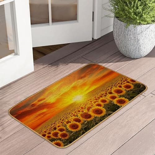 Doormat Sunflower Field Front Door Mat Indoor Outdoor Entrance,Sunset Flowers Door Mat Waterproof Low Profile All-Season,Easy Clean Patio Porch Entryway Floor Rug 17x29 Inch