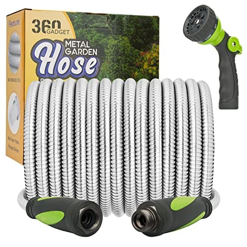 360 GADGET Garden Hose - Water Hose 25 FT with Swivel Handle & 8 Function Nozzle, Flexible, Heavy Duty, No Kink, Lightweight Metal Hose for Outdoor, Yard, 304 Stainless Stee