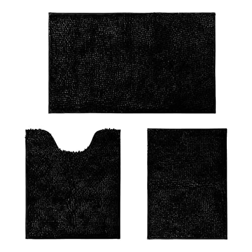 HOMEIDEAS Black Bathroom Rugs Sets 3 Piece, Butter Chenille Rugs and Mats, Shaggy, Absorbent, Non Slip, Luxury, Shiny, Washable Bath Mat for Bathroom, Shower