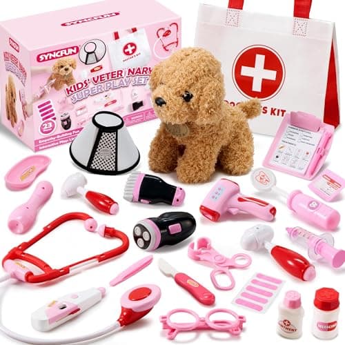 SYNCFUN Doctor Kit for Girls, 22 PCS Veterinarian Playset for Kids, Vet Kit with Dog Toy, Stethoscope, Storage Bag and Accessories, Role Play for Kids 3 4 5 6 Birthday Gifts