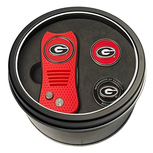 Team Golf NCAA Georgia Bulldogs Tin Gift Set with Retractable Divot Tool and 2 Ball Markers Gift Set Switchblade Divot Tool with 3 Double-Sided Magnetic Ball Markers, Patented Single Prong Design
