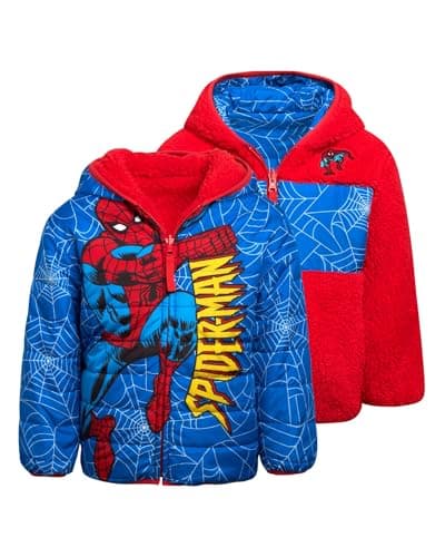 Marvel Spider-Man Boys Puffer Jacket - Reversible Quilted Puffer Coat with Sherpa Fleece Lining Jacket for Boys (Size: 2T-20), Size 7, Spider Blue/Red