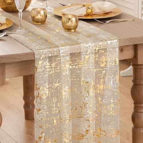 Artoid Mode Beige Gold Gauze Table Runner 120 Inch, Sheer Glitter for Wedding, Dining, Anniversary, Holiday Party Decor