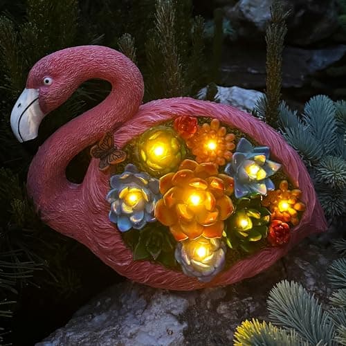Mood Lab Garden Decor Flamingo Statue - 9 Inch Width Solar Figurine - 8 LED Solar Lights in Succulent Flowers - Yard Patio Lawn Indoor Outdoor Decoration